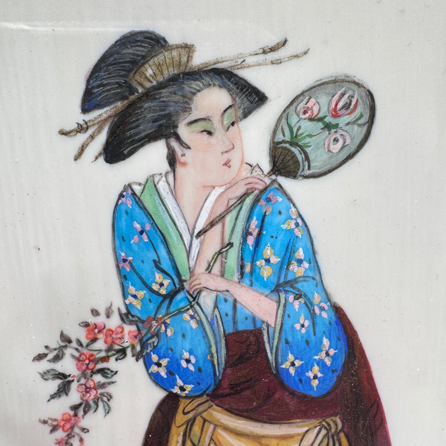 Rare Peinture asiatique sous verre signée