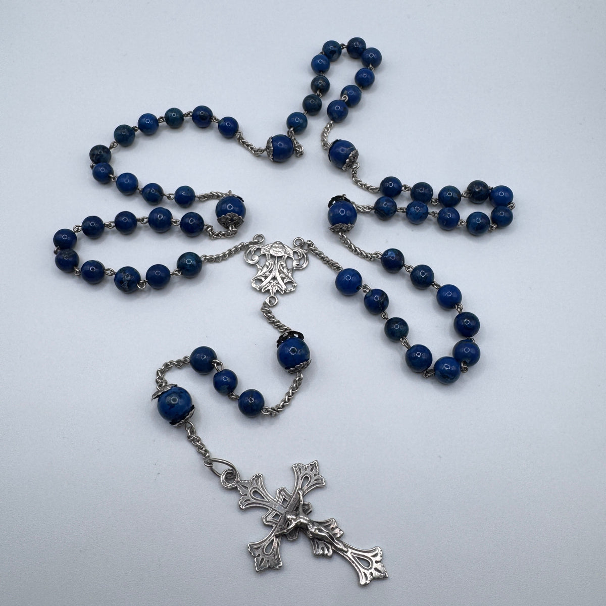 Superbe et Grand Chapelet ancien vers 1900 - argent massif et lapis-lazuli