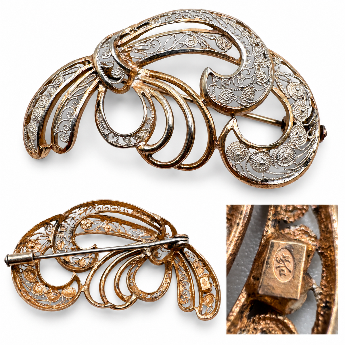 Broche Ancienne « plume » - argent et vermeil