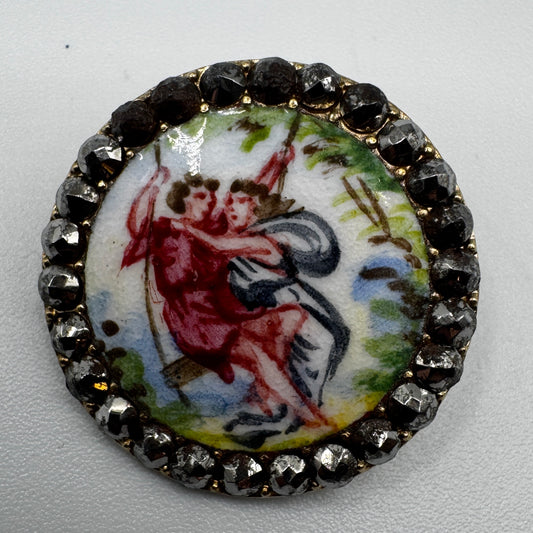 Bouton ancien XIXe « scène galante » - bronze emaillé